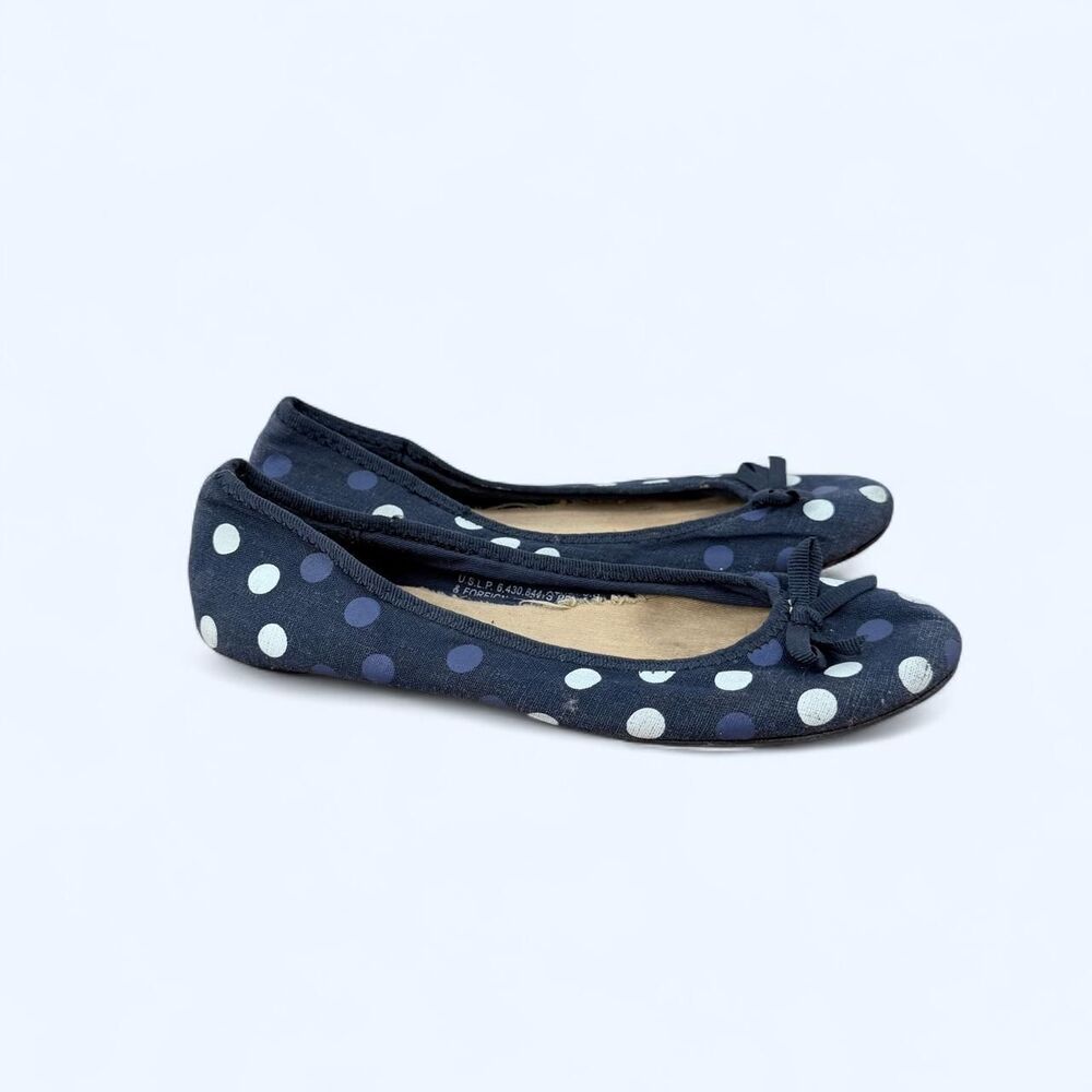 Navy Blue Polka Dot Canvas Ballet Flats Rounded Toe Front Bow Accent Balletcore